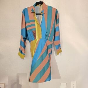 Express Multicolor Striped Long Sleeve Dress - Blue, Peach, Yellow
